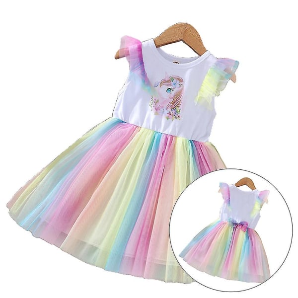 Barn Baby Flickor Volanger ärm Print Rainbow Swing Dress Födelsedagsfest Klänningar Födelsedagspresent Tmall 5-6 Years