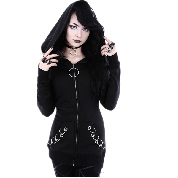 Damjackor Gothic Punk Zip Up Hooded Sweatshirt Coat Black 4XL