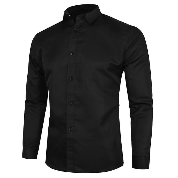 Män Knappar Lapel Neck Långärmad skjorta Passar Casual Plain Business Toppar Black XL