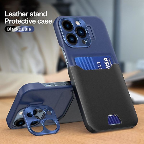 Läderkamera Case För Iphone 15 Pro Max Med Kortplats Stativhållare Dark blue-black