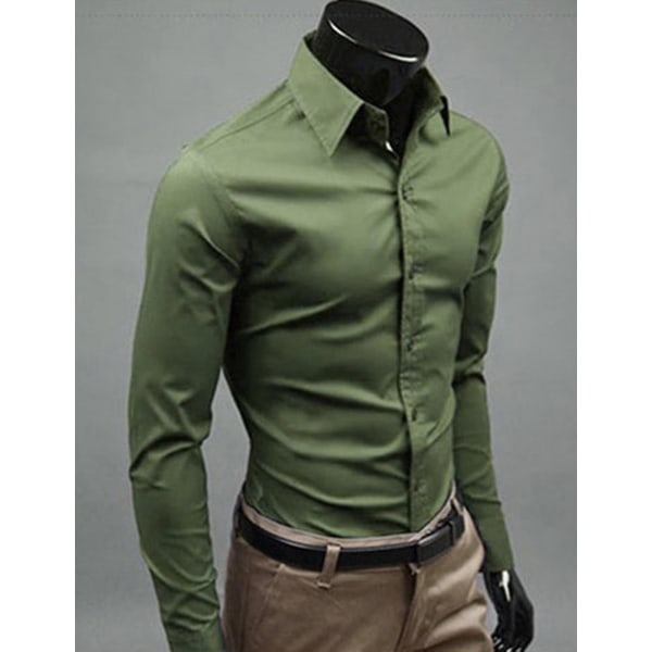 Män Långärmad Business Skjorta Vanlig Formell Casual Klänning Toppar Army Green XL