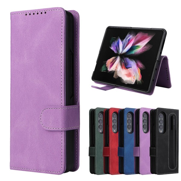 Case med fullständigt skydd i magnetiskt läder kompatibelt med Samsung Galaxy Z Fold 3 med kortplatsstativ. Purple