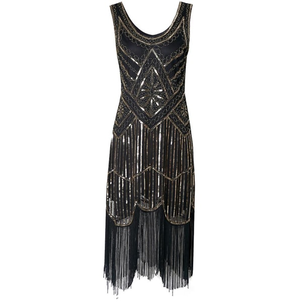 1920-tals flapperklänning för kvinnor Långfransade Great Gatsby-kostymklänning 20-talspalljetter Pärlfärgade vintage L Black Gold