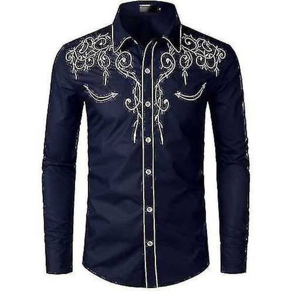 Western Cowboyskjorta för män Broderad långärmad Casual Slim Fit Button Down-skjorta navy blue S