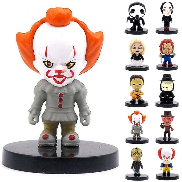 10-pack het skräckfilmkaraktärer Actionfigur Pennywise Saw Billy Chucky Clown Samlarobjekt Modellleksaker Halloween Desktop Ornament null none