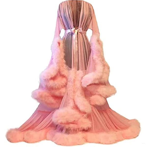 Släpande långklänning för kvinnor med fjäderutsvängda ärmar, perfekt för möhippa Pink One Size