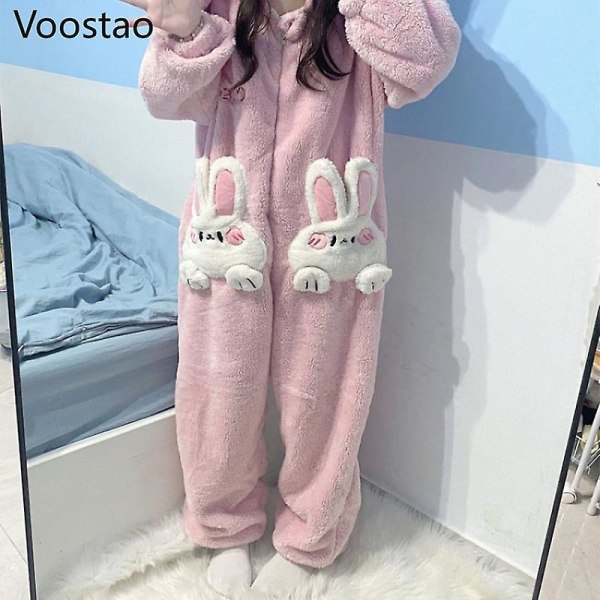 Höst Vinter Kvinnor Söta Onesies Pyjamas Coral Fleece Varm tecknad Kaninöron Huva Sovkläder Flickor Sweet Home Kläder Pyjamas Pink M