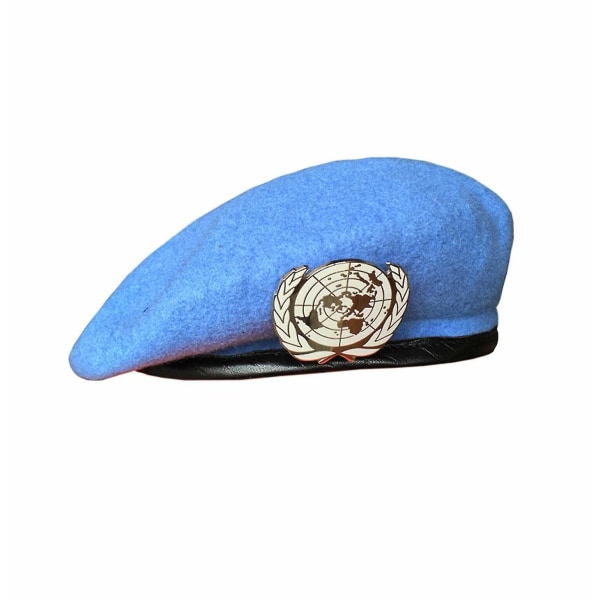 Noggrann reproduktion av den blå FN-baretten FN:s fredsbevarande styrkor keps med FN null none