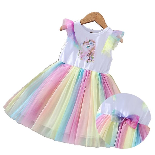 Barn Baby Flickor Volanger ärm Print Rainbow Swing Dress Födelsedagsfest Klänningar Födelsedagspresent Tmall 5-6 Years