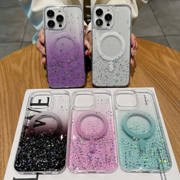 Magsafe Bling Glitter Gradient Stötsäkert genomskinligt anti- case för Iphone 15 Pro Max 15 Ultra Transparent