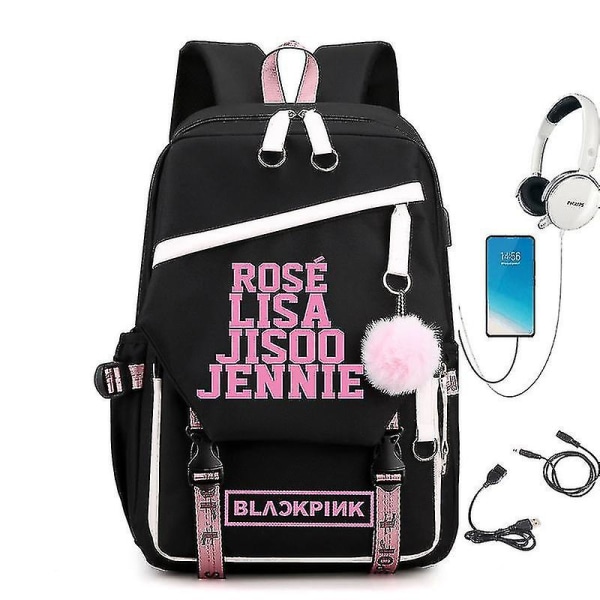 Blackpink Roseanne Park Lisa Kim Ji Soo Med Starry Axelväska Ryggsäck Koreansk USB. white map a 26 inches