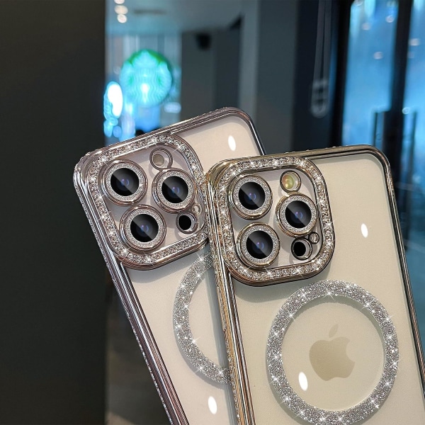 Magsafe Magnetic Luxury Plating Bling Rhinestones Diamond Sparkly Shockproof Case För Iphone 15 Pro Max 15 Ultra Silver