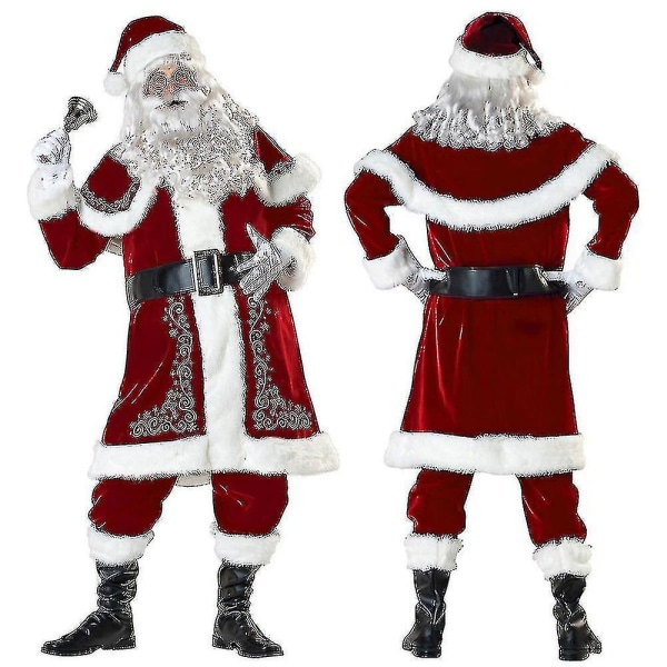 Jultomte kostym Vuxen juldräkt Röd Deluxe Sammet Fancy 8st present 1PCS hat 1PCS hat