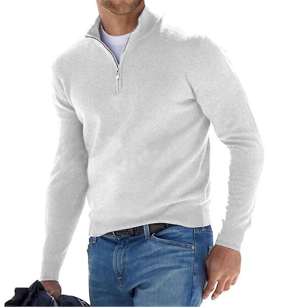 Män Zip Stand Neck Solid Toppar Casual Höst Vinter Fit Långärmad Pullover White M