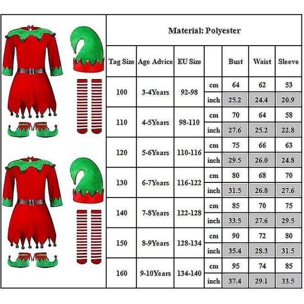 Flickor Jultomte Kostym Set Tomtens Hjälpredräkt Julfestlig outfit med tomtehatt Skor Bältesrandiga strumpor Tmall 6-7 Years