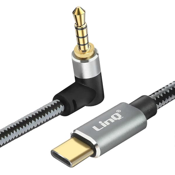 USB-C til Jack 3.5mm 4-polet Han-stik Vinklet Nylon 1.5m Sort