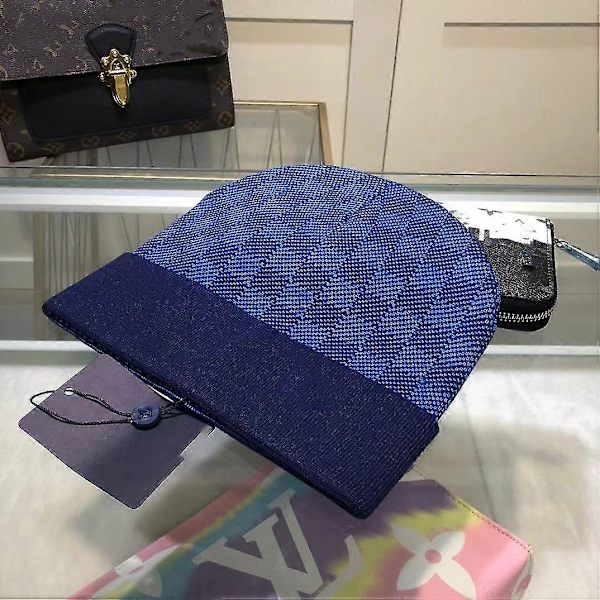 Ny ankomst Designer Letter Trykt Sjakkbrett Vinterlue Myk Varmt Strikket Beanie Hater Blue