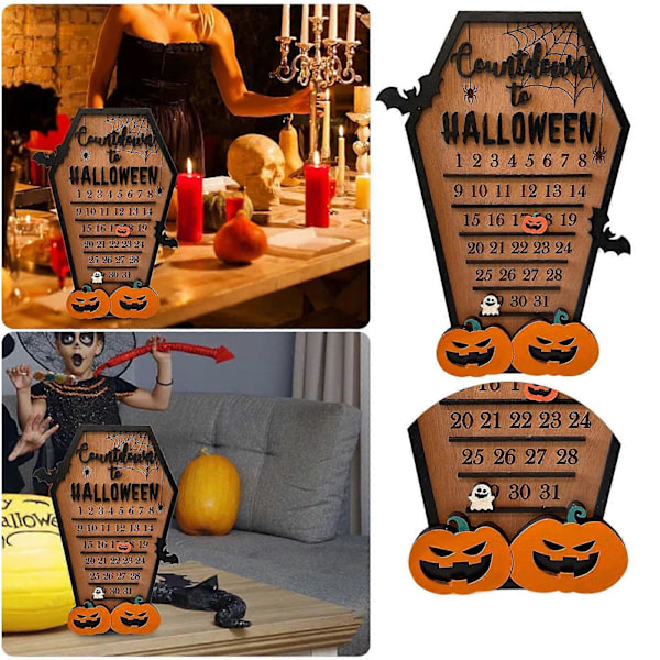 Halloween Nedräkningskalender, 3D Trä Halloween Advent Nedräkningskalender Kistkalender Rörlig Träblock för att Räkna