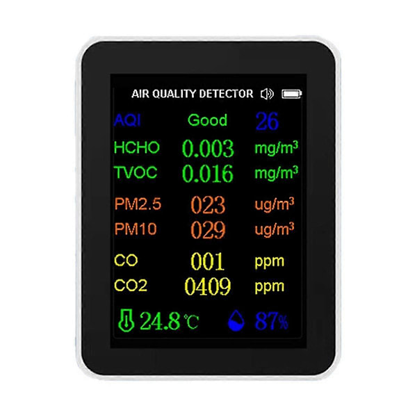 12-i-1 Luftkvalitetsmätare CO2-mätare med tid/datumvisning WiFi PM2.5 PM10 CO CO2 TVOC HCHO-testare, vit