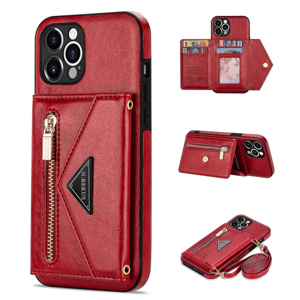 N.bekus For Iphone 12 Pro 6,1-tommers Kickstand Design-lomme med glidelås i PU-skinn + Tpu-telefonveske med lang snor