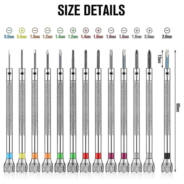 13-delad Mini Urmakare Skruvmejsel Set för Klockor 0,6-2,0 mm med 13 Extra Utbytbara Blad