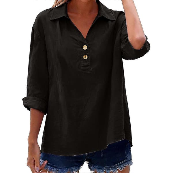 Flash-kampagne - Hørtoppe til kvinder med trekvartærmer, afslappet og elegant V-hals pullover, knapskjorte Sort BLACK M