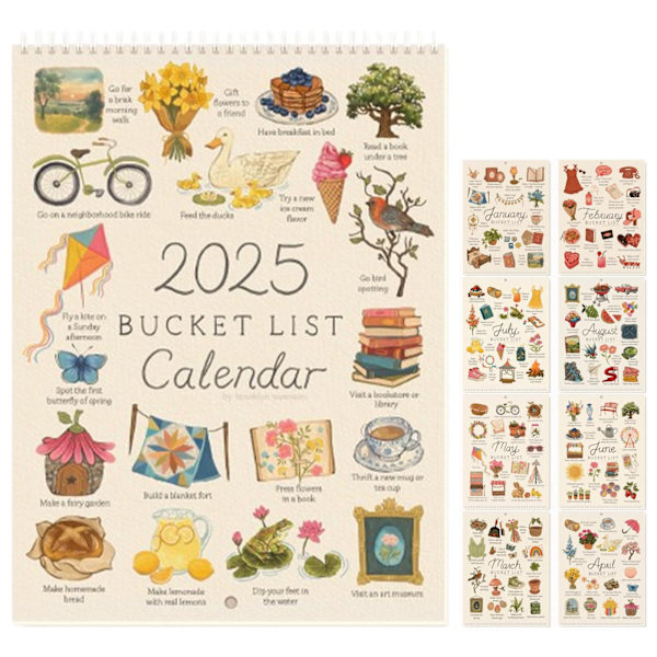 2025 Bucketliste-kalender, 2025 12 måneders veggkalender, 2025 veggkalender med gjøremålsliste og notater, 2025 kalender for planlegging eller organisering