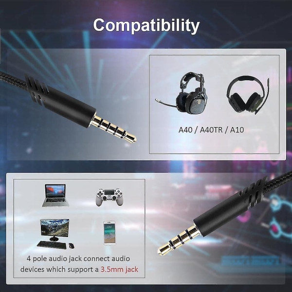 Erstatnings A40-ledning kompatibel med Astro A40-headset, Qjyth A40 Inline Mute-lydkabel til Astro A10/a40/a40tr Gaming Headset, Passer til Ps5, Ps4, Xb