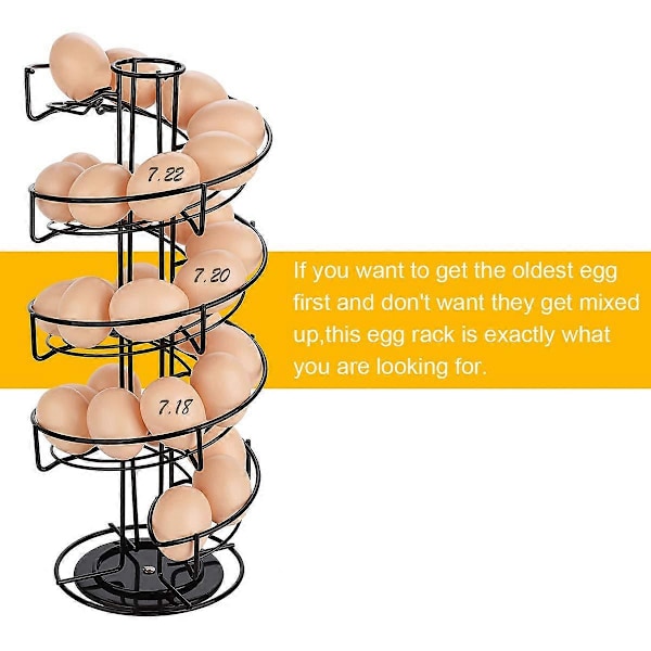 Ægdispenser, ægspiral i rustfrit stål spiraldesign, ægstativ opbevaring til ca. 30 - 36 æg, sort