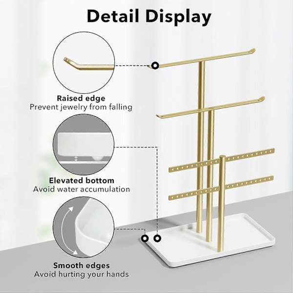 Smykkeholder Organizer, 12.5'' Høj Robust Metal Stativ, 3-lags Smykkeholder, Guld Smykketræ med Hvid Bakke