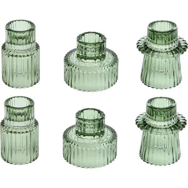Glasslysesett med 6 glasslysestaker for spisse lys, søylelys og telys (grønn)
