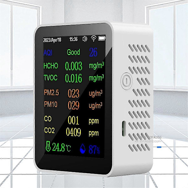 12-i-1 Luftkvalitetsmätare CO2-mätare med tid/datumvisning WiFi PM2.5 PM10 CO CO2 TVOC HCHO-testare, vit