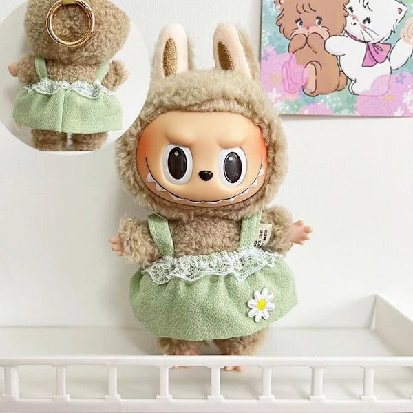 Grön hängsel-daisy, (endast kläder) 17cm hänge blind box macaron Labubu Labubu Time to chill dockkläder