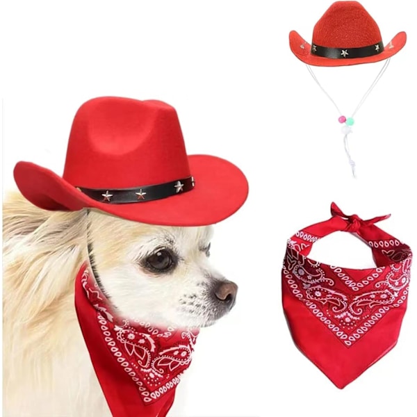 2 Stykker Hunde Cowboy Hat Kostume Kæledyrshat og Bandana Tørklæde Cosplay Western Dekoration Tilbehør til Fest Halloween Festival (Rød)