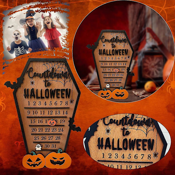 Halloween Nedtellingskalender, 3D Tre Halloween Adventskalender Kistekalender Bevegelig Treblokk for å telle