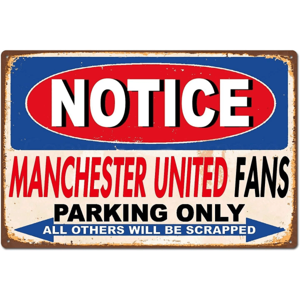 Hauska Manchester United -fanien pysäköinti, vain vintage retroauto, autotalli, peltikyltti