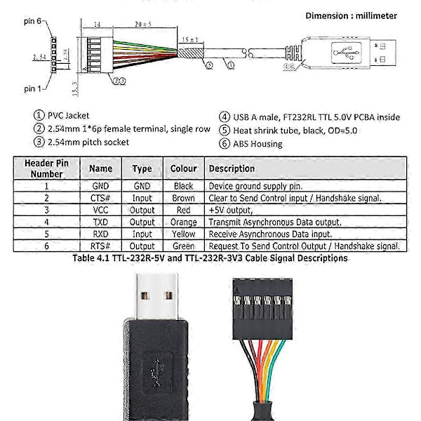 6-bens TTL-232R-3V3 FT232 USB 2.0 til TTL 5V 3.3V Download Debug Kabel Adaptermodul til