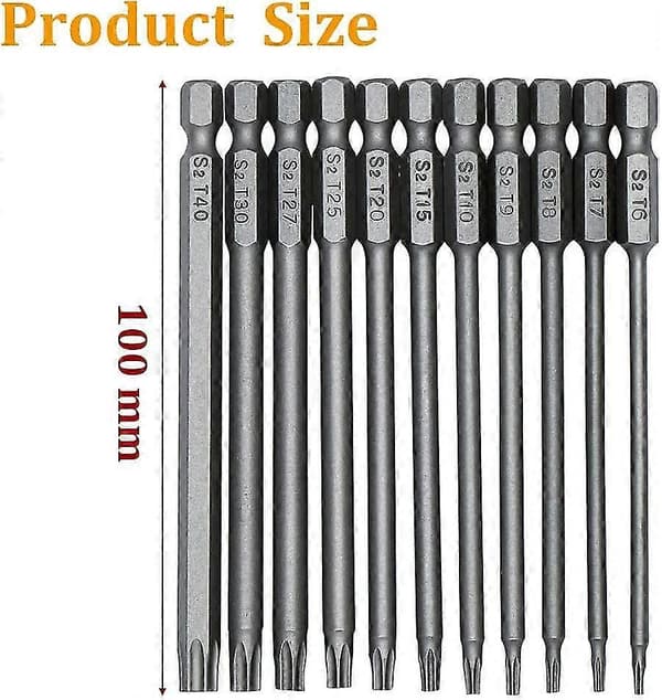 11 stycken 100mm S2 1/4 tum Torx skruvbits Precision Hex skaftborr