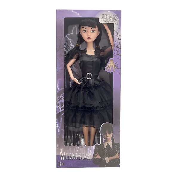 11'' The Addams Family Keskiviikko Addams Musta nukkelelu, jossa on musta mekkohiukset ja korkokengät Lahja tytöille, lapsille ja faneille