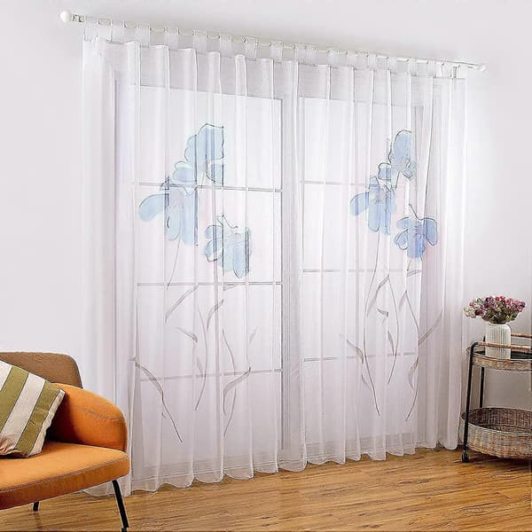 2 Delar Handritat Blommönster Vardagsrumsgardiner Bredd 150cm (Höjd 145cm, Blå)