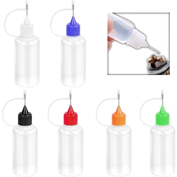 6 stk præcisions nålespids applikatorflaske - 6 gennemskinnelige flasker og 6 farvede spidser til henna tatoveringskegle, små limningsprojekter, gør-det-selv-quilling-håndværk