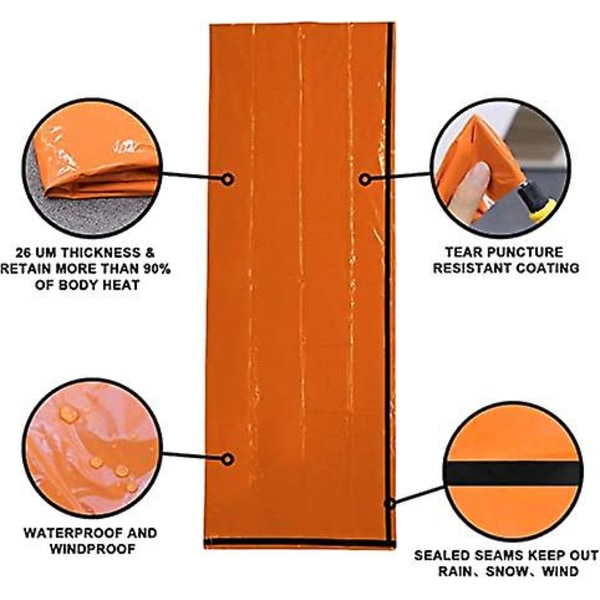 Överlevnads sovsäck, nödkit nödfilt, återanvändbar, lämplig för utomhuscamping, vandring (1 styck - orange)