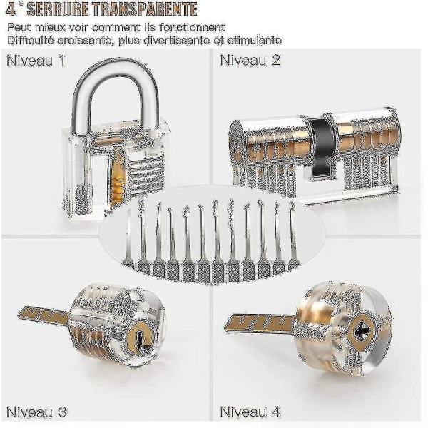 Låsplocksats, 25-delad låsplocksats, övningsverktyg med 3 genomskinliga lås