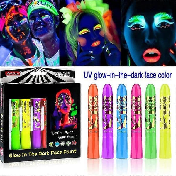 Glow Ansiktsfärgkritor 6 Färger UV Kroppsfärg Set