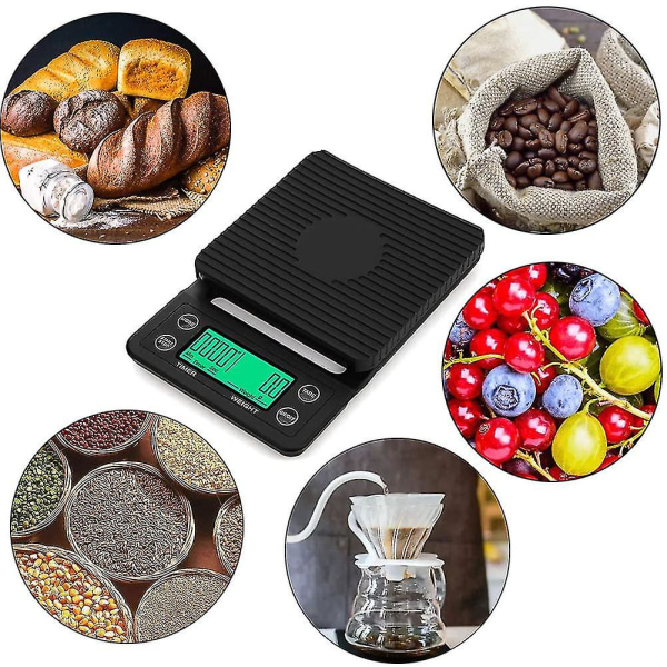 Kaffevægt Multifunktionel digital køkkenvægt med timer 3 kg/0,1 g til brygning, ristning og kogning af kaffe