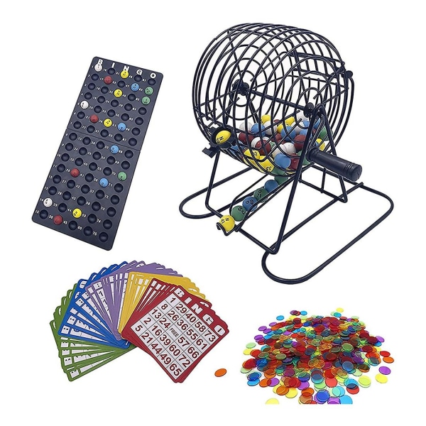 Deluxe-bingo- set, jossa on 6 tuuman bingohäkki, bingopöytä, 75 värillistä palloa, 50 bingokorttia