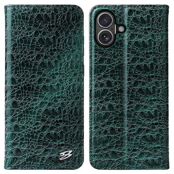 Plånboksfodral i äkta läder med krokodiltextur för iPhone 16 Plus - Grön