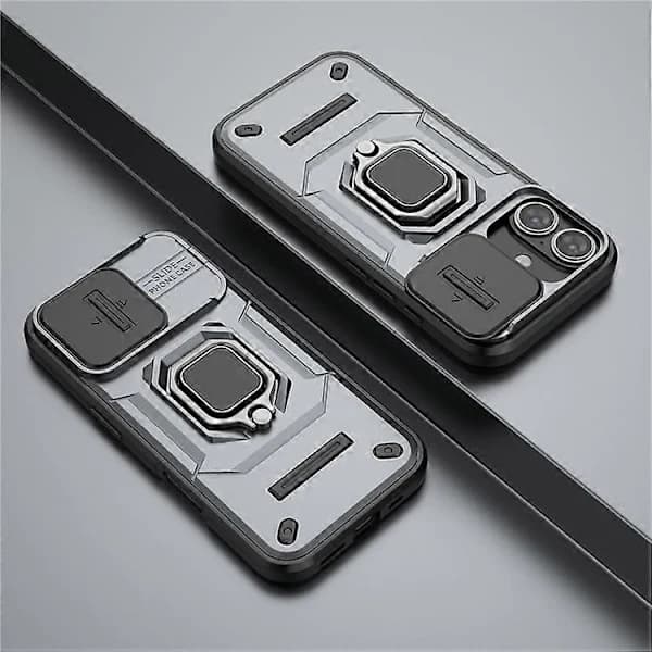 Fodral till iPhone 16 med ringstöd – PC + TPU-material, med linsskydd – Grå