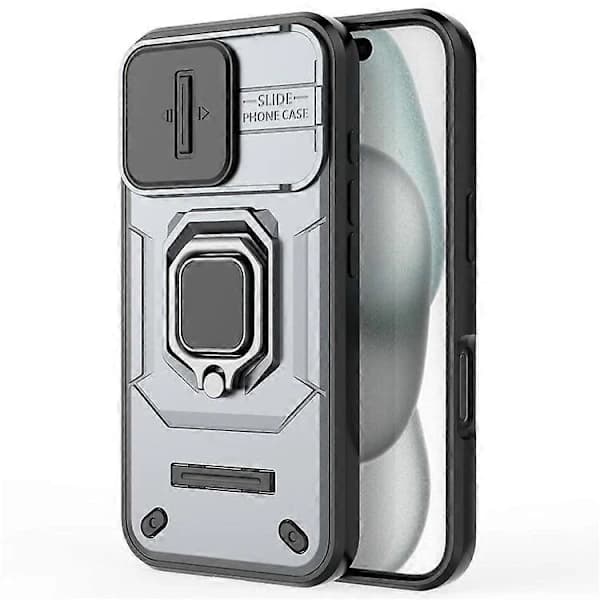 Fodral till iPhone 16 med ringstöd – PC + TPU-material, med linsskydd – Grå