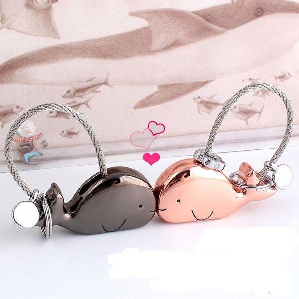 Keychain 1 Pair Whale Shape Couple Keyring With Magnetic Mouth,christmas Gift For Girlfriend Lover, Zinc Alloy Shiny (black&rose Gold2pcs)